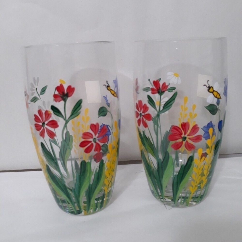 6 Romania Crystal Art Glass Hand Painted Flowers‎ Butterfly Bee Detail